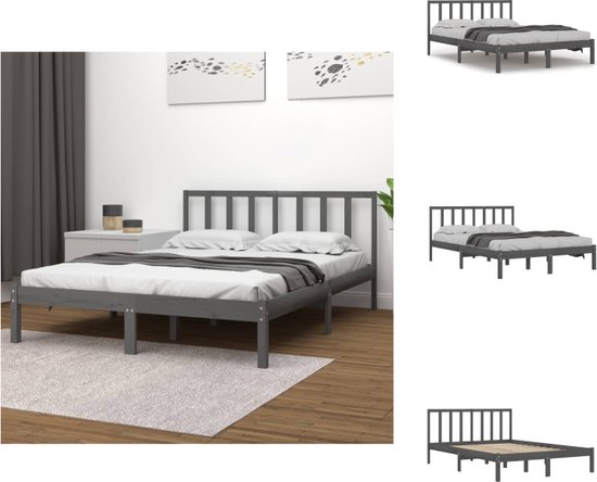 vidaXL Bedframe Grenenhout - King Size (150x200cm) - Grijs massief houten bedframe met stabiel ontwerp en comfortabel hoofdbord - Bed