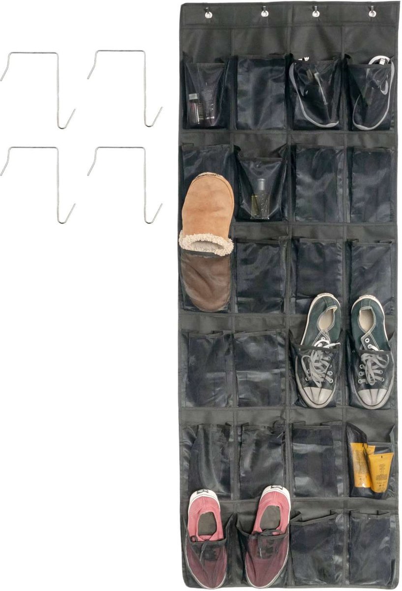 Intirilife Hangende Schoenenorganizer met 24 vakken Zwart - 150 x 55 x 2 cm - Hangend deurschoenenrek, schoenenopslag, hangende organizer, multifunctionele opbergtas ook voor keuken, badkamer