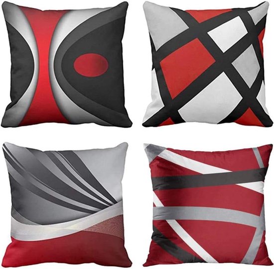 Set van 4 kussenslopen, 40 x 40 cm, moderne abstracte rode strepen, grijs, zwart, wit, acryl, vet, grijs, decoratieve kussenslopen, wooncultuur