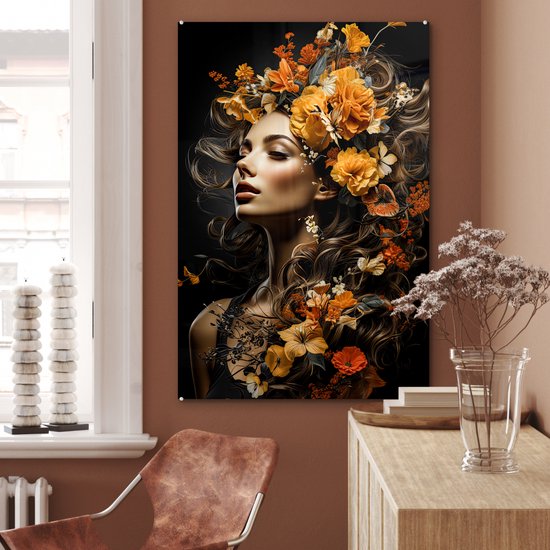 Peinture sur verre 60x90 cm - Femme fleurs - Photo sur verre - Tableau salon portrait - Tableaux plexiglas chambre - Décoration chambre plaque de verre - Décoration murale peintures sur verre - Décoration murale colorée