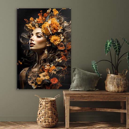 Peinture sur verre 60x90 cm - Femme fleurs - Photo sur verre - Tableau salon portrait - Tableaux plexiglas chambre - Décoration chambre plaque de verre - Décoration murale peintures sur verre - Décoration murale colorée