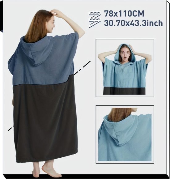 Livano Surf Poncho pour Adultes - Serviette à langer douce - Femme et homme - Bleu clair et gris foncé