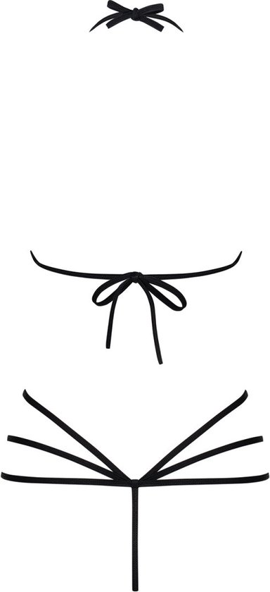 Lingerie noire à lanières, nœuds et string.