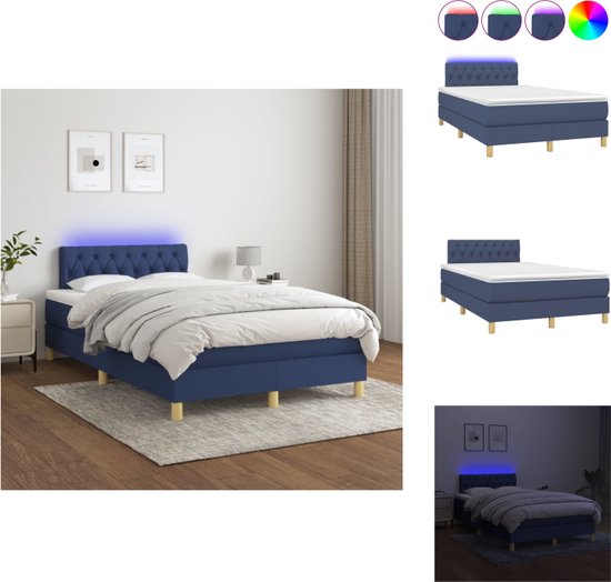 vidaXL Boxspring - LED - 120x200 cm - Blauw stof - Verstelbaar hoofdbord - Bed