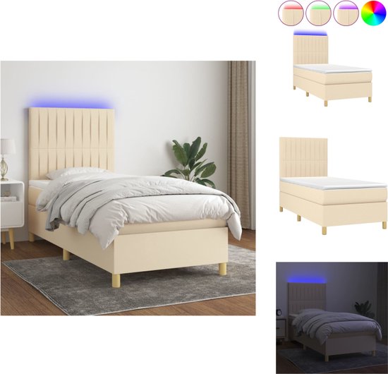 vidaXL Bed Crème LED 193x90x118cm - Duurzaam - Verstelbaar hoofdbord - Pocketvering matras - Huidvriendelijk topmatras - Inclusief LED-strip - Bed