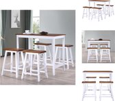 vidaXL Barset - Bartafel met MDF-tafelblad en massief houten poten - inclusief 4 krukken van massief hout - Bruin en wit - 108x60x91 tafel / 45x23x60 kruk - Geschuurd - geschilderd en gelakt - Eenvoudige montage - Set tafel en stoelen