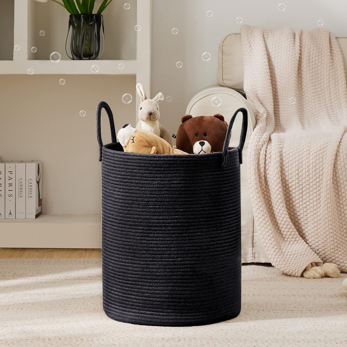 Wasmand gevlochten van katoen (55 x 43 x 30,5 cm) - handgemaakte wasverzamelaar met handvat - wit en bruin - vormvaste opbergmand voor wasgoed, speelgoed en meer (zwart