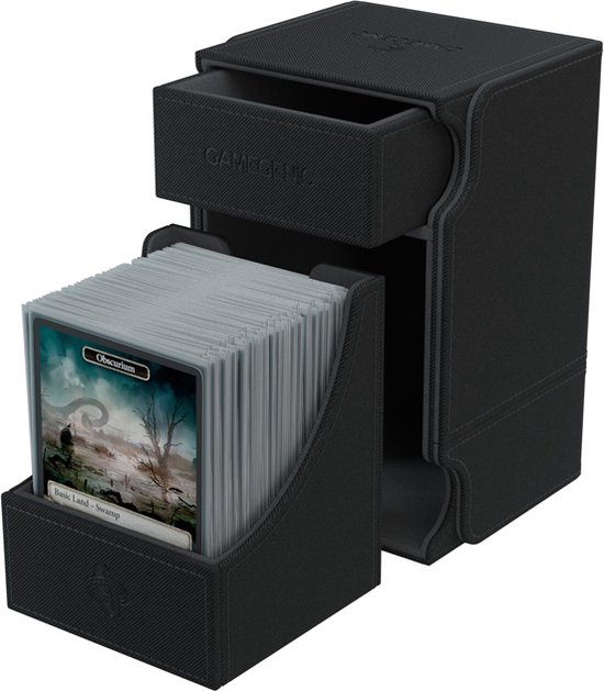 Zwarte Deckbox met uitklapbaar deel, met kaarten in beschermhoezen. Een kaart met 'Obscuron' is zichtbaar.