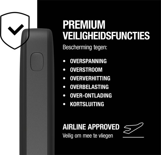 Donkergrijze powerbank met een schild-icoon met vinkje en tekst over beveiligingsfuncties.