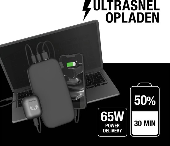 Donkergrijze powerbank laadt een laptop, smartphone en draadloze oortjes op. Tekst 'ULTRASNEL OPLADEN'.