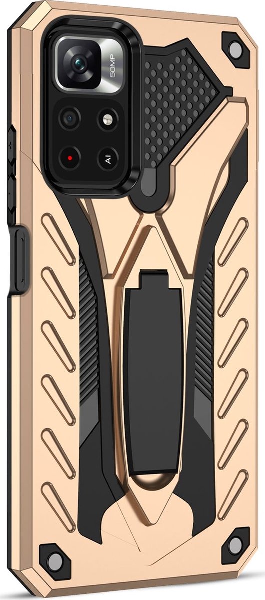 Mobigear Hoesje geschikt voor POCO M4 Pro 5G Telefoonhoesje Hardcase | Mobigear Armor Stand Backcover Shockproof met Standaard | Schokbestendig M4 Pro 5G Telefoonhoesje | Anti Shock Proof - Goud