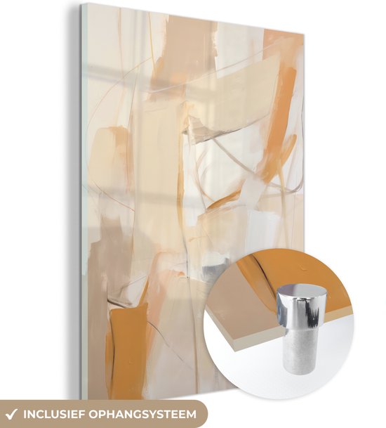 MuchoWow® Glasschilderij 60x80 cm - Schilderij acrylglas - Abstract - Beige - Oranje - Kunst - Modern - Foto op glas - Schilderijen