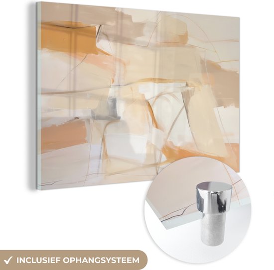 MuchoWow® Glasschilderij 90x60 cm - Schilderij acrylglas - Abstract - Beige - Oranje - Kunst - Modern - Foto op glas - Schilderijen