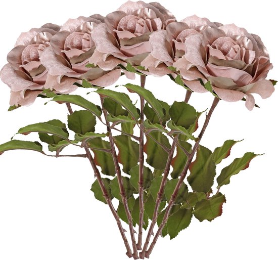 Top Art Kunstbloem roos Glamour - 5x - oud roze - satijn - 61 cm - kunststof steel - decoratie bloemen
