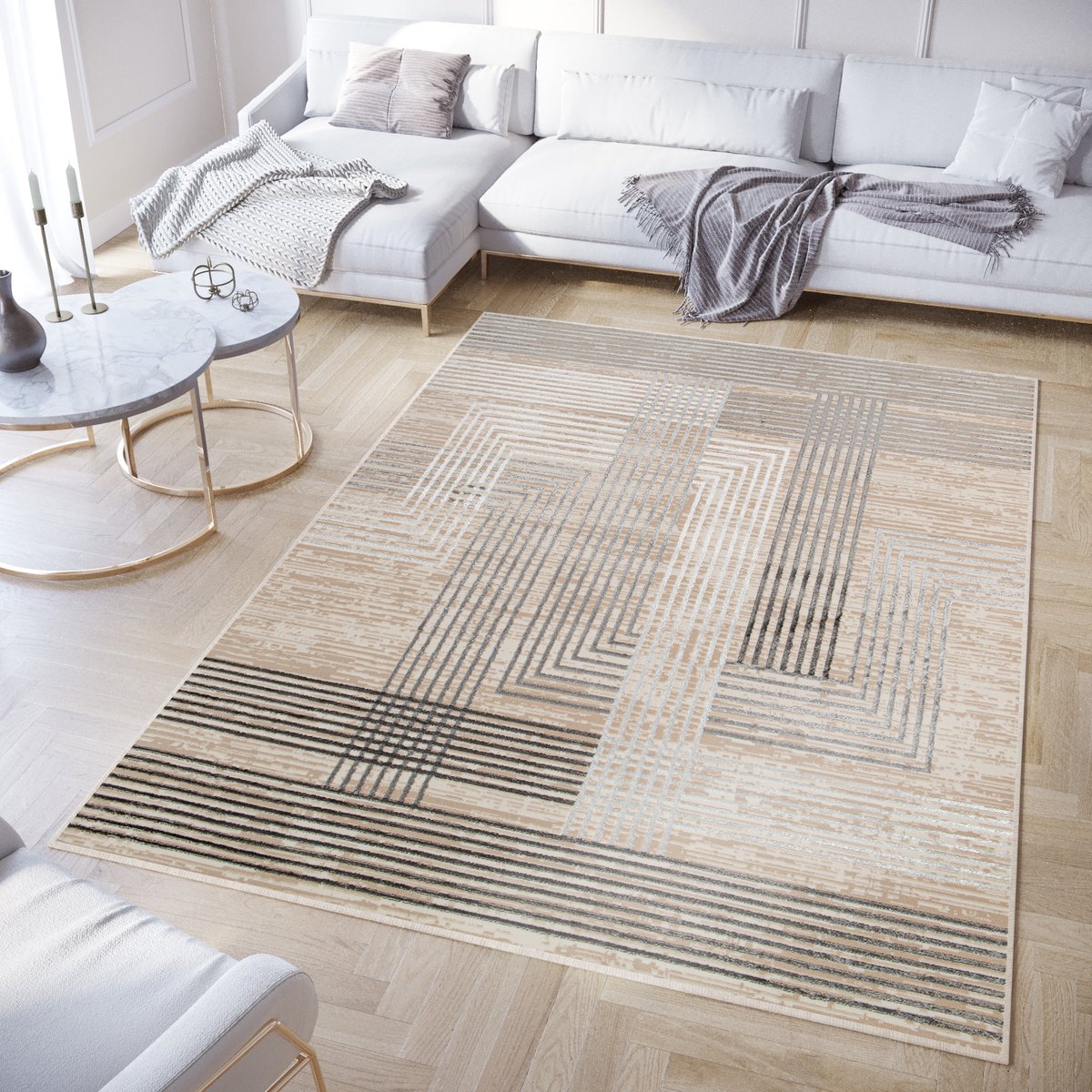 Tapiso Crystal Vloerkleed Beige Grijs Lijnen 3D Effect Tapijt Maat- 120x170