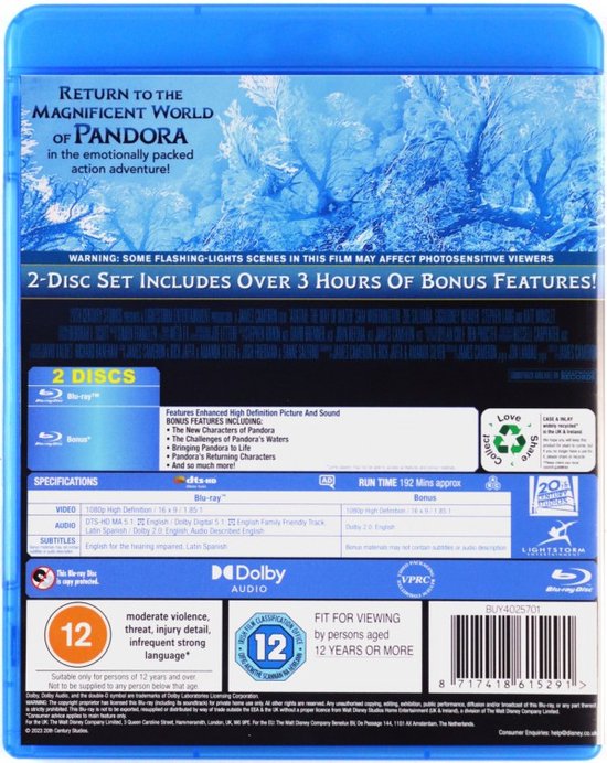 Blu-ray achterkant met een filmcover van Avatar: The Way of Water. De cover toont vier Na'vi figuren en tekst over de bonusfeatures.