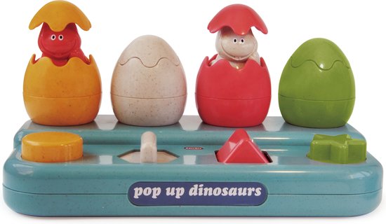Blauw pop-up dinosaurus speelgoed met oranje, beige, rode en groene eieren waaruit een dinosaurus tevoorschijn komt.