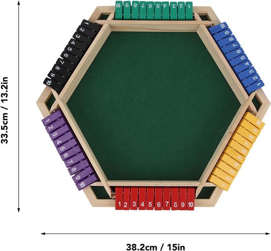 Houten shut the box spel met groen speelveld. Zijkanten met paarse, blauwe, gele, rode, zwarte en groene schuifjes genummerd 1-10. Afmetingen 38.2x33.5cm.