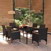 vidaXL Tuinmeubelset - PE-rattan - Gepoedercoat staal - Glazen tafelblad - Zwart - 200x94x74 cm - 6 stoelen en kussens - Tuinset