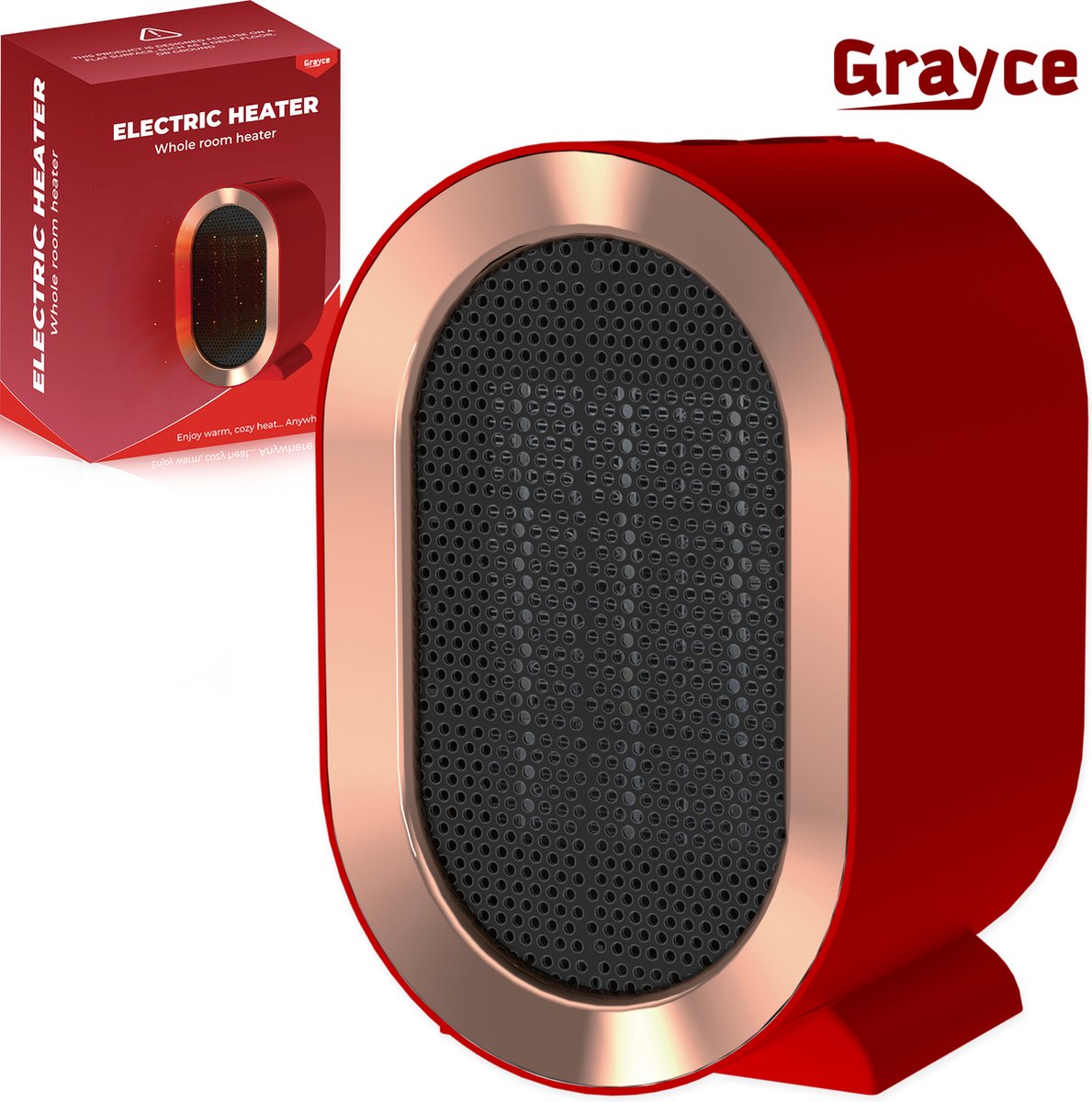 Grayce Elektrische Mini Heater – Elektrische kachel – Heater voor binnen – Kachelventilator – Elektrische verwarming – Desktop heater – 800/1200 WATT - Rood