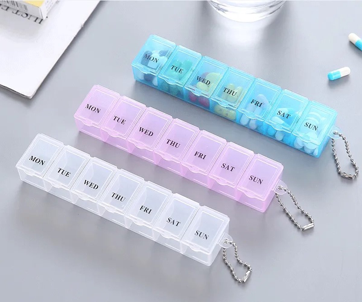 Goedkoopste Pillendoos 7 Dagen Blauw, Roze, & Wit - 7 vakjes - Doos met Medicijnen - Pillen Planner - Medicijndoos 3 stuk