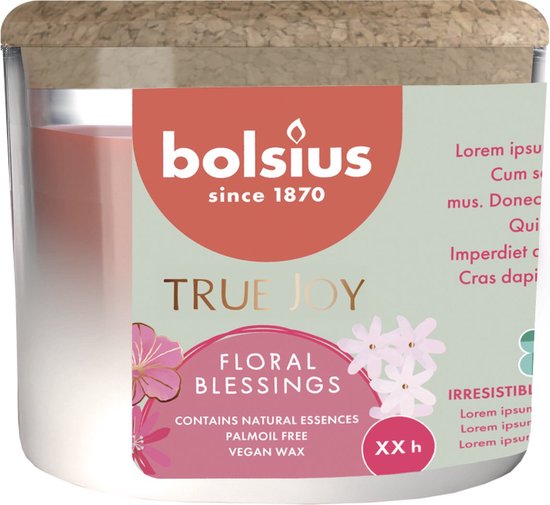 Geurglas met kurk True Joy Floral Blessings - zonder palmolie - vegan wax - Bolsius Geurkaars - Decoratie - Sfeer Kaars