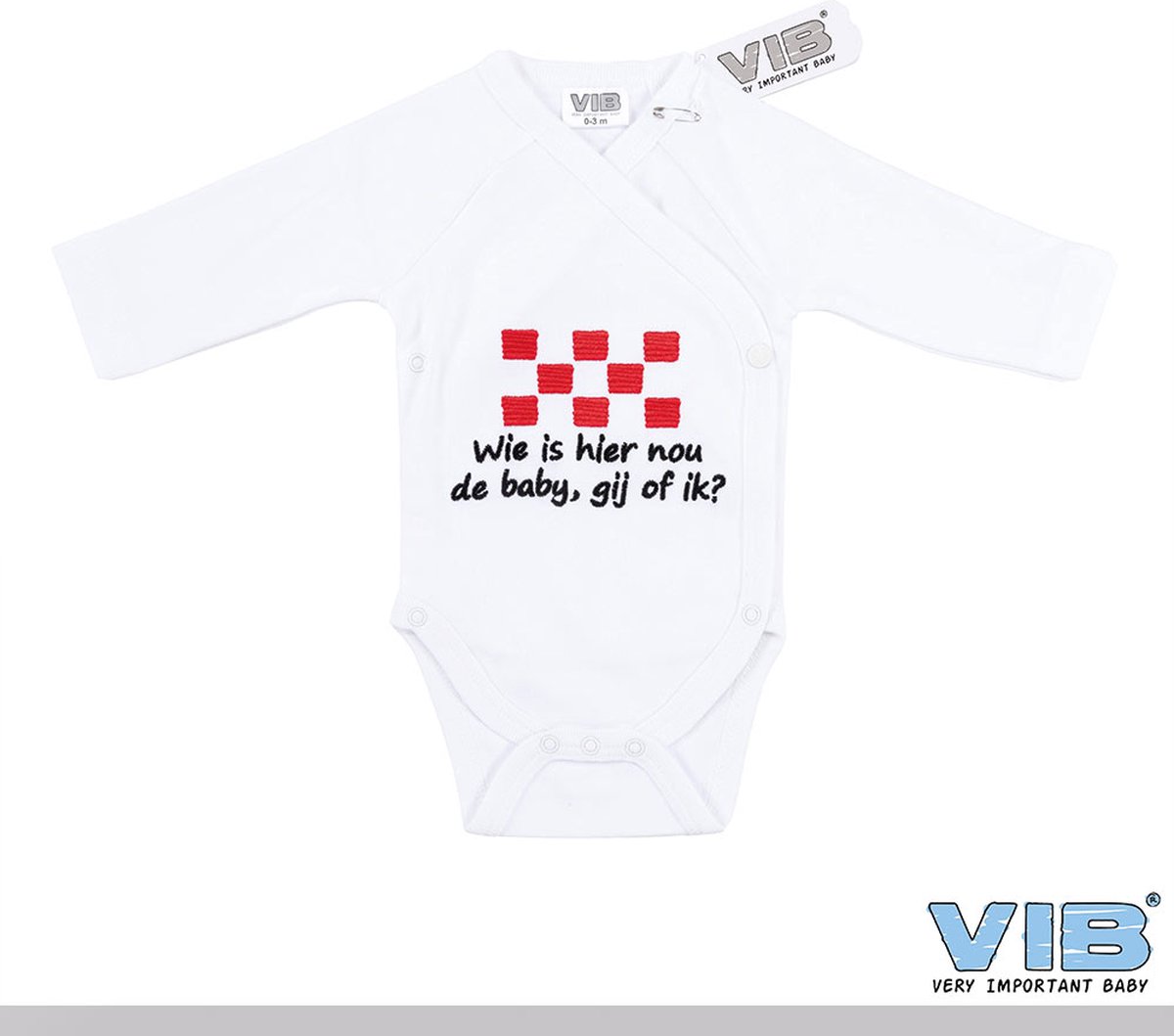 VIB® - Rompertje (overslag) Luxe Katoen - Wie is hier nou de Baby, Gij of Ik (Wit) - Babykleertjes - romper - rompertjes - rompertjes met tekst - baby cadeau - baby aankondiging - overslagromper