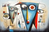 JJ-Art (Glas) 120x80 | Vrouwen gezichten, abstract, modern surrealisme, Joan Miro stijl, kunst | mens, vrouw, grijs, wit, rood, blauw, bruin, modern | Foto-schilderij-glasschilderij-acrylglas-acrylaat-wanddecoratie