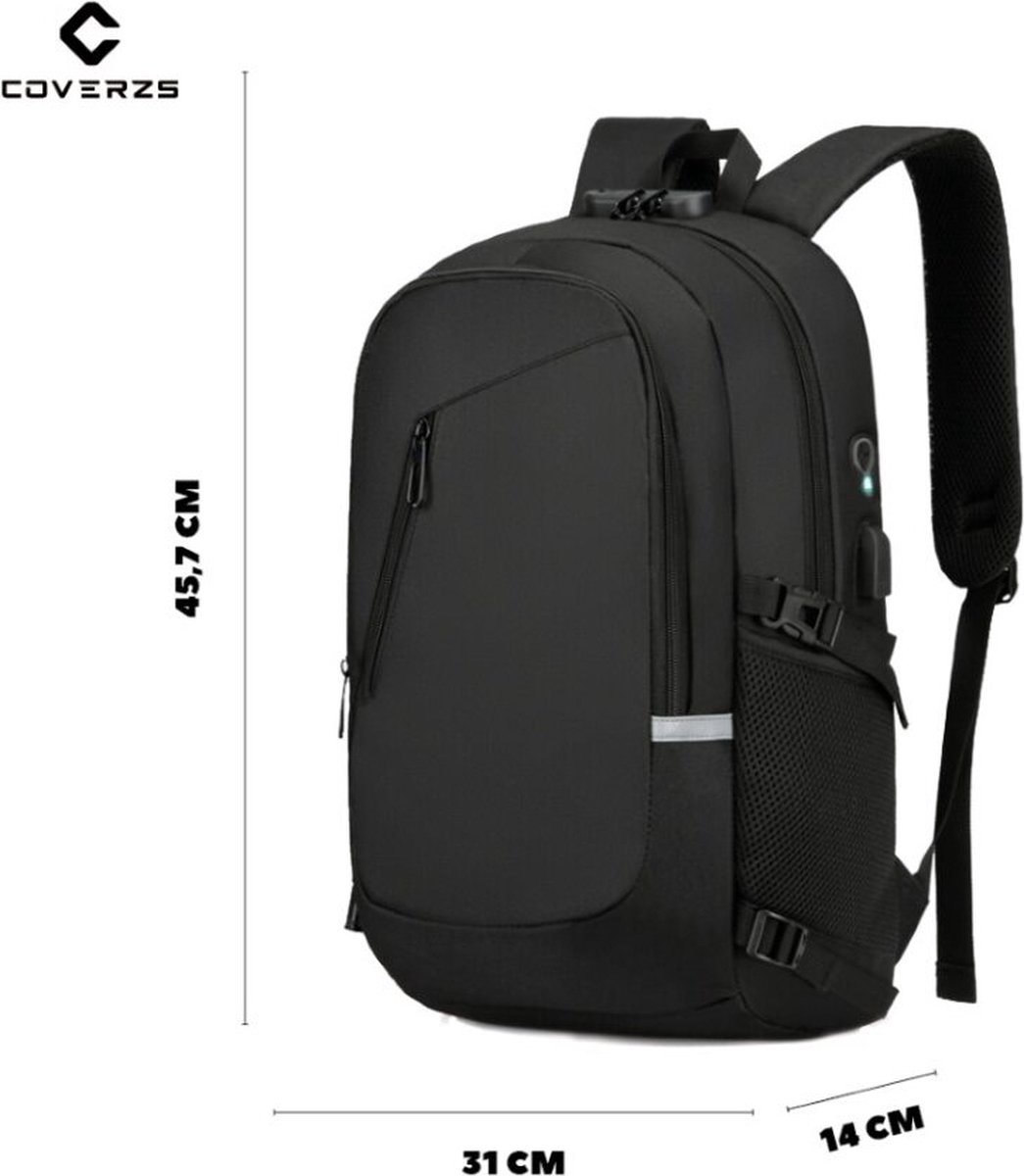 Coverzs Rugtas met Laptopvak (25 L inhoud) - Rugzak voor school of werk - Incl. 15.6 inch laptop vak met bescherming - Compacte Stevige schooltas - Comfortabele backpack - rugtas heren / dames - Inclusief Cijferslot - Zwart – foto 8