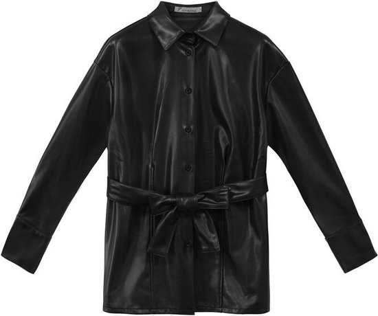Zwarte Leather Look Blouse - Leren Blouse - Hemd met Ceintuur - Maat S - Zwart