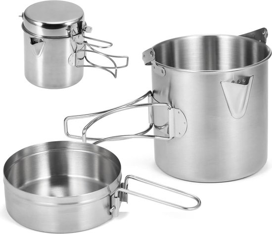 8-delige campingkookset van roestvrij staal, voor wandelen, pannen, kookset in de open lucht, voor barbecue, picknick