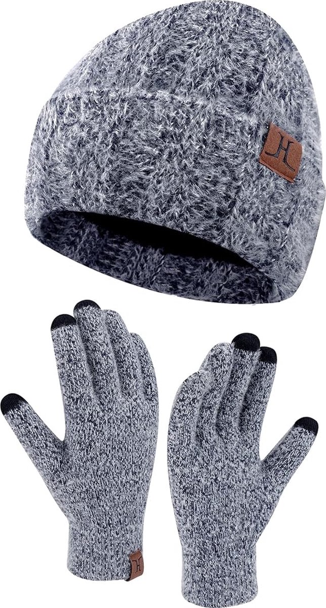 Warme winterset 2-delig - Donkerblauw - Fleece gevoerde beanie muts en touchscreen handschoenen - Thermo voor volwassenen - Black Friday 2023 - Kerstcadeau