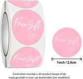 Rol met 500 Roze Free Gift Stickers met hartje - 2.5 cm diameter - Thanks - Thank you! - Dankje - Bedankt - Presentje - Overdeliver - Heart - Hart - Ecommerce - Webwinkel - Decoratie - Versiering