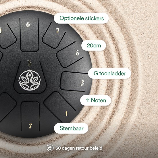 Ohana Drums® Handpan 20 cm Onyx Zwart - Tongue drum - Klankschaal - 11 noten –Hang drum - Yoga Drum - Lotus Tong - Steeldrum - Muziekinstrument voor kinderen - Percussie-instrumenten van Ohana Drums — afbeelding 3