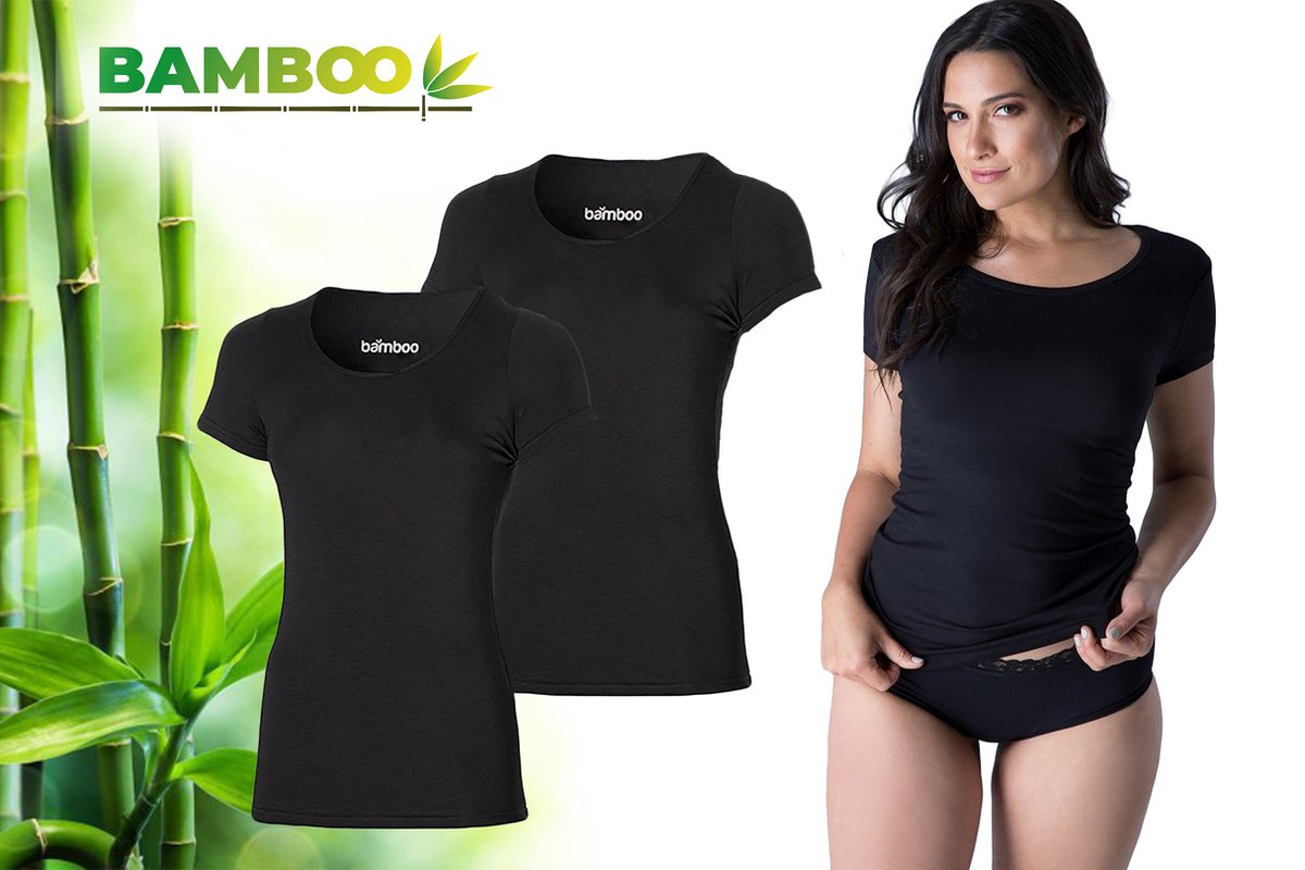 Bamboo - T Shirt Dames - Bamboe - Ronde Hals - 2 Stuks - Zwart - L - Anti Zweet Shirt Dames - Bamboe Ondershirt - Onderhemd Dames Shirts Korte Mouw - Extra Lang