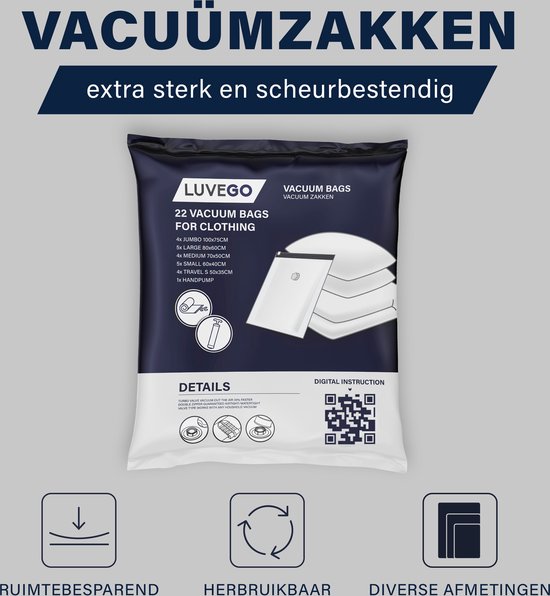 Luvego Vacuumzakken voor kleding en dekbedden - 22 Vacuüm opbergzakken inclusief handpomp - LUVEGO