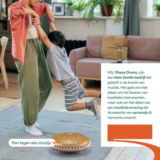 Ohana Drums® Tongue drum – Handpan – Zonnegloed Goud – 36 cm Ø – Klankschaal – 15 noten – Yoga Drum – Muziekinstrument voor kinderen - Chakra meditatie en ontspanning - Incl. Hollandse liedjes e-book