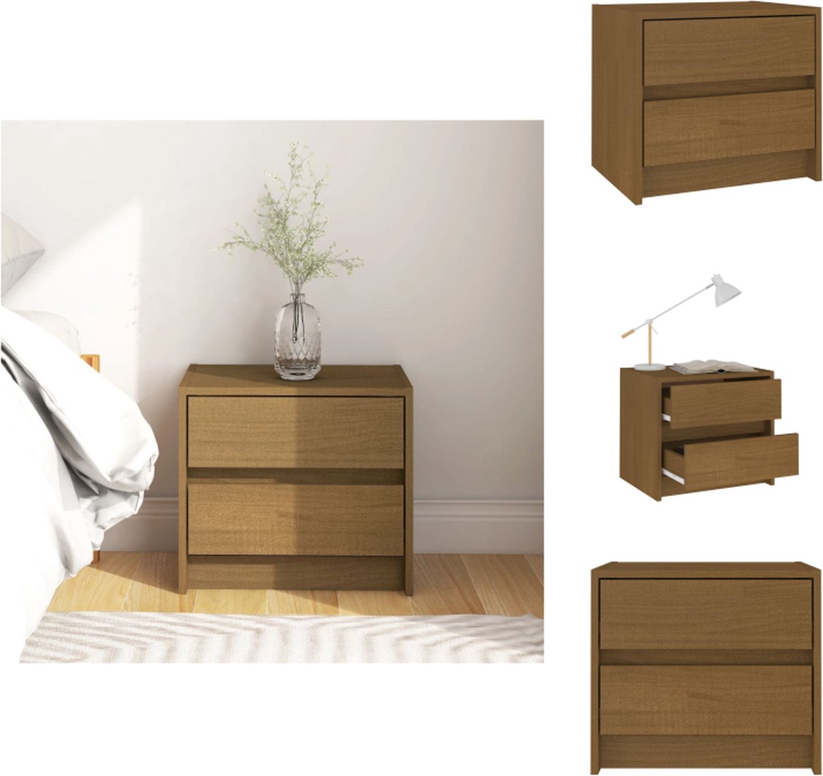 VidaXL Nachtkastje Grenenhout 40x30.5x35.5 cm 2 lades Honingbruin Kast
