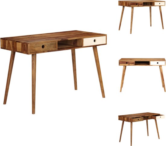 vidaXL Table d'écriture en bois de Sesham - Marron et Wit - 110 x 55 x 76 cm - Avec 3 compartiments de rangement - Bureau