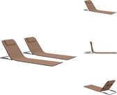vidaXL Strandstoelen - Opvouwbare strandmatten - Set van 2 - Bruin - Gepoedercoat staal en stoffen bekleding - 160 x 53 x 47 cm - Inclusief hoofdsteun en opbergvak - Ligbed