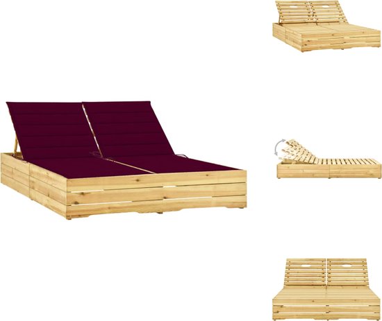 vidaXL Loungebed Tuin - 2-Persoons - Hout - Wijnrood Kussen - Ligbed