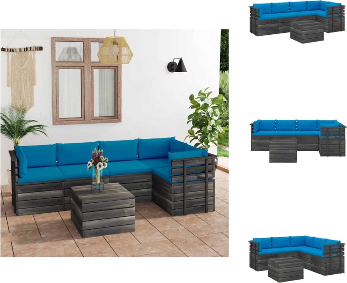 VidaXL Pallet Loungeset Tuinmeubelset Massief grenenhout Modulair design Lichtblauwe kussens Tuinset