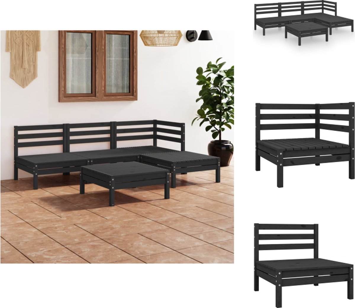 VidaXL Houten Tuinset Hoek Middenbank 63.5x63.5x62.5cm Voetenbank Tafel 63.5x63.5x28.5cm Zwart Tuinset