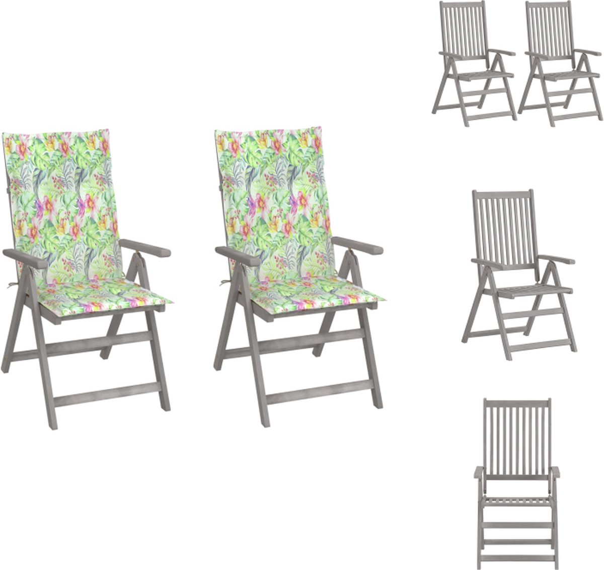 VidaXL Armstoelen Acaciahout Greywash Verstelbaar Inclusief kussens || 56 x 70 x 110 cm || Set van 2 Tuinstoel