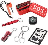 SOS Survival Set in Blikje - Compacte 6-in-1 Survival Kit: Multitool, Kompas, Magnesium Stick, Noodfluit, Zakmes etc