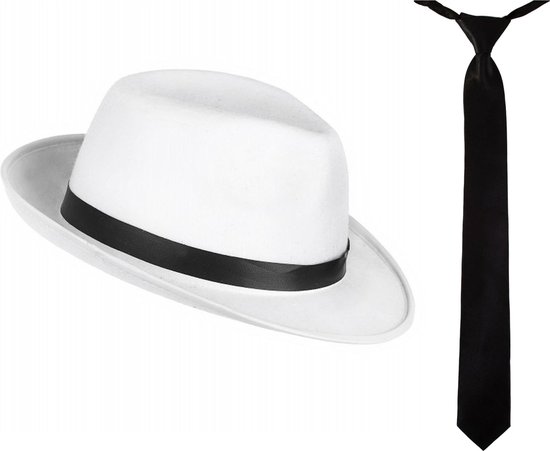 Carnaval verkleed set compleet - gangster/maffia hoedje met stropdas - wit/zwart - volwassenen - verkleedkleding