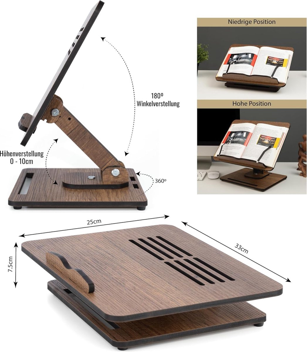 Support de livre pour la lecture, support de livre réglable avec 360 ° Support pliable pour livre de recettes, Base pivotante, avec Clips de page élastiques  15