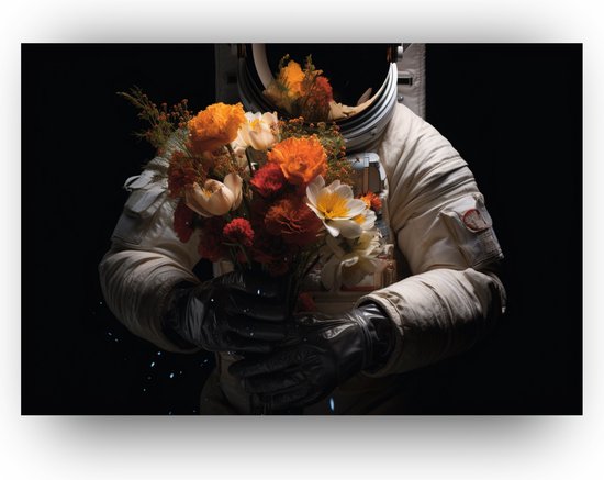 Kunststof Poster - astronaut - astronaut poster - Poster Bloemen - Ruimte poster - Astronaut bloemen - 70 x 50 cm