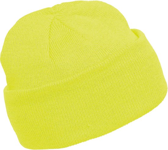 Gele beanie muts van gebreid acryl met omgeslagen rand.