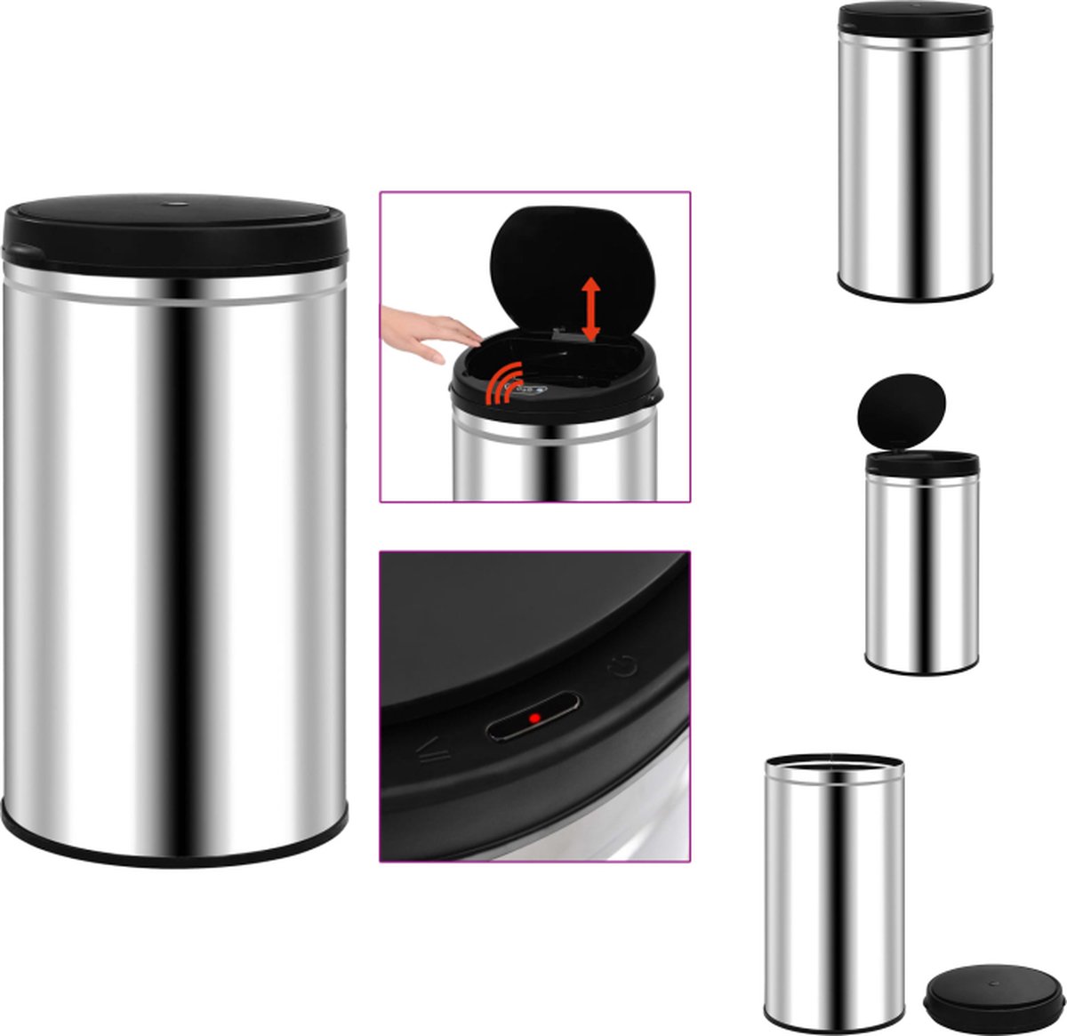 VidaXL Afvalbak 60L 36x66cm met automatische sensor roestvrij staal Prullenbak